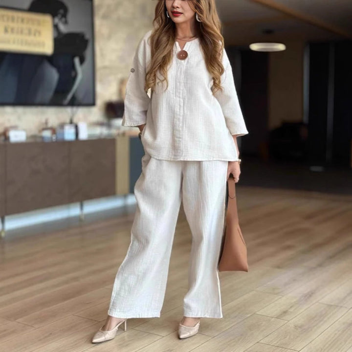 Damen Leinen-Tunika Palazzo-Hosen Set Lässiges Zweiteiler-Outfit