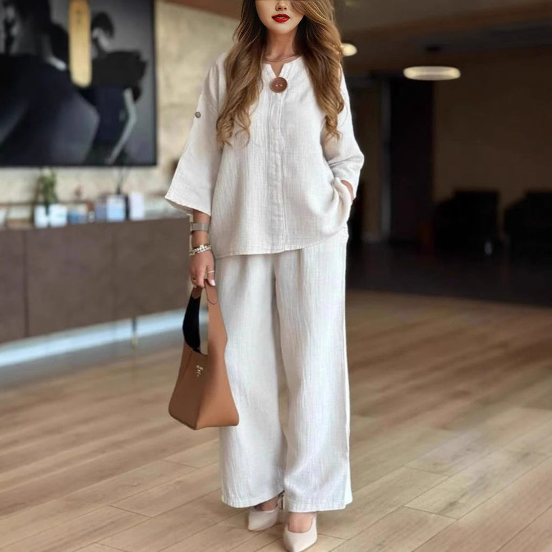 Damen Leinen-Tunika Palazzo-Hosen Set Lässiges Zweiteiler-Outfit