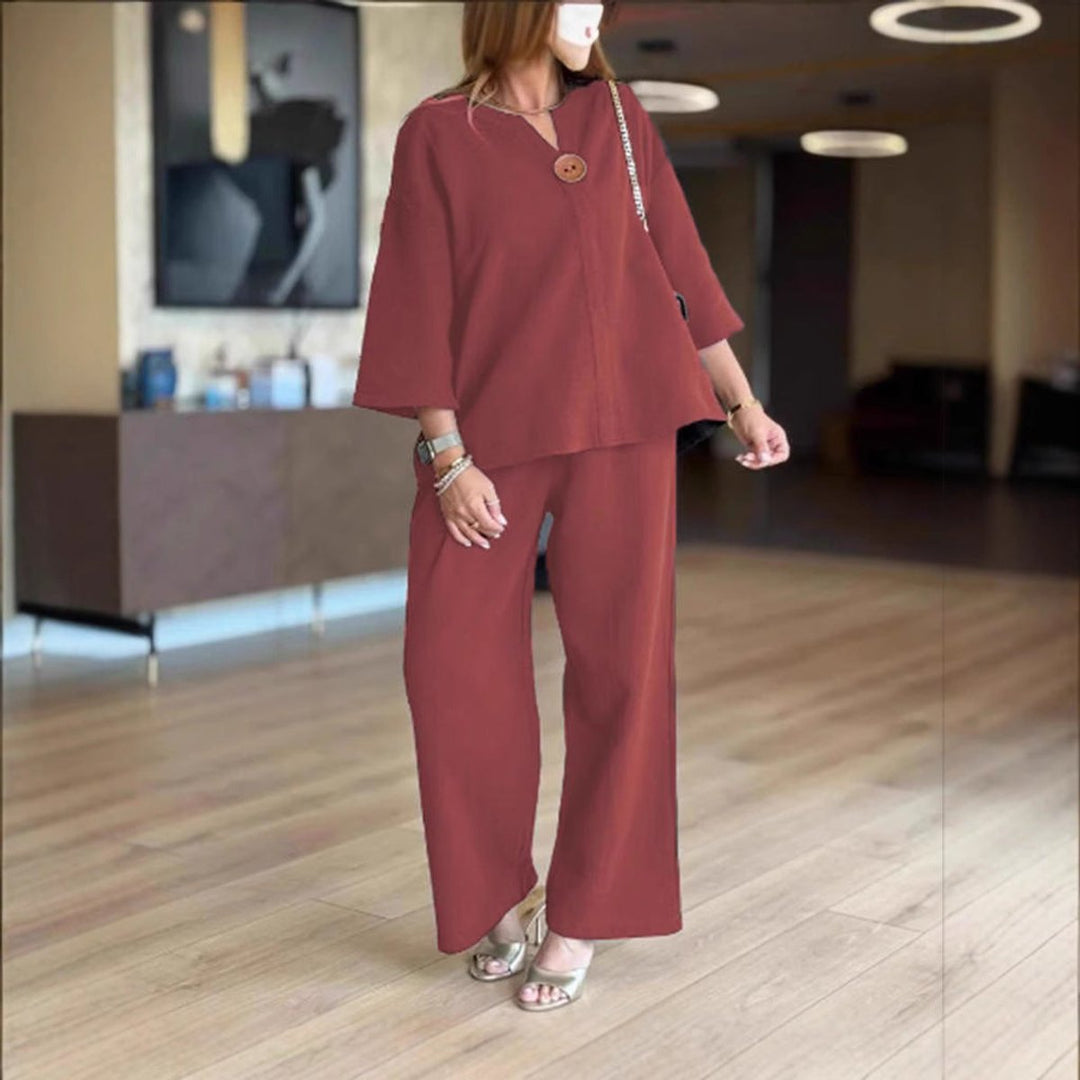 Damen Leinen-Tunika Palazzo-Hosen Set Lässiges Zweiteiler-Outfit - Bordeaux
