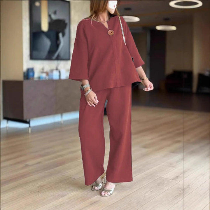 Damen Leinen-Tunika Palazzo-Hosen Set Lässiges Zweiteiler-Outfit - Bordeaux