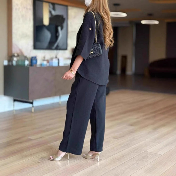 Damen Leinen-Tunika Palazzo-Hosen Set Lässiges Zweiteiler-Outfit