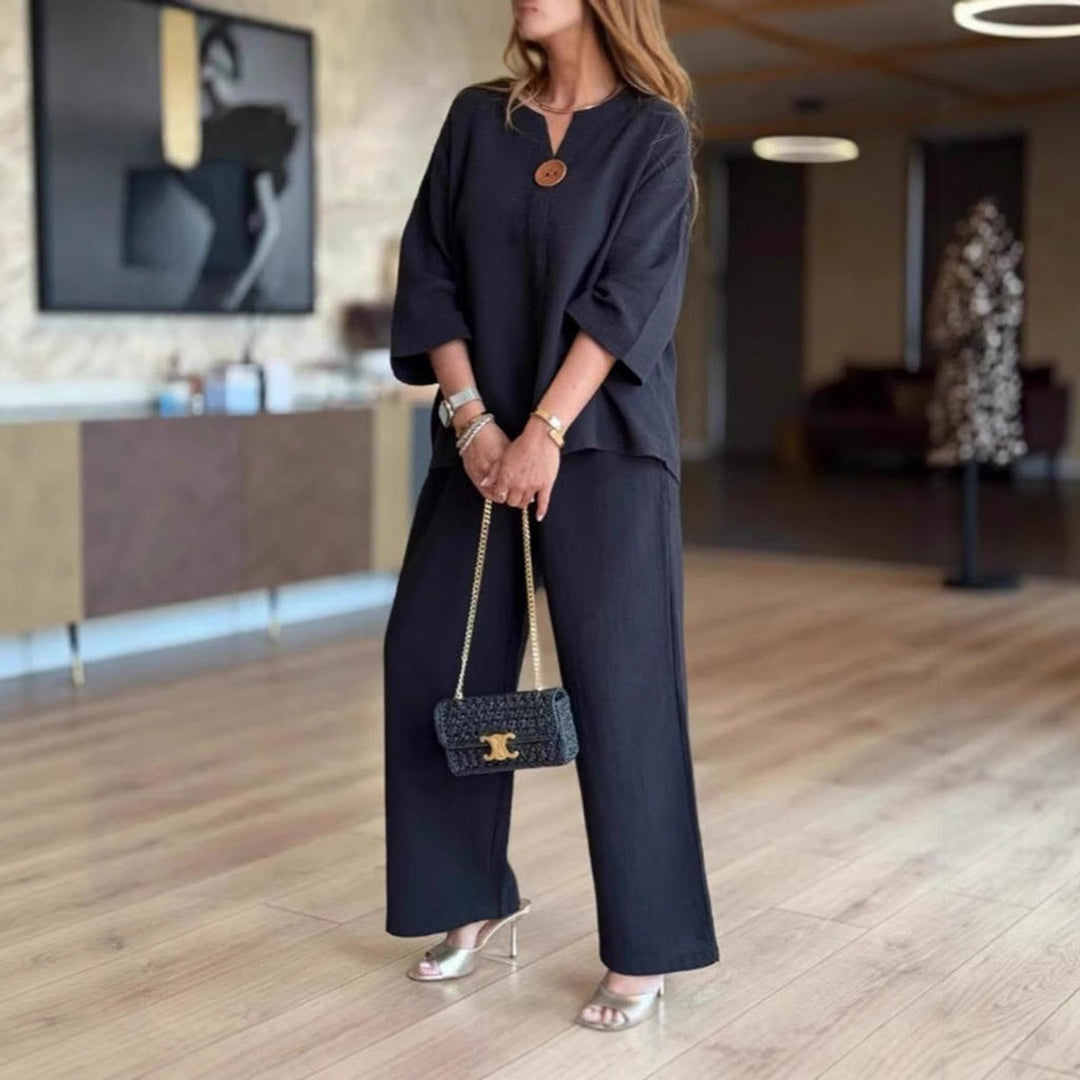 Damen Leinen-Tunika Palazzo-Hosen Set Lässiges Zweiteiler-Outfit