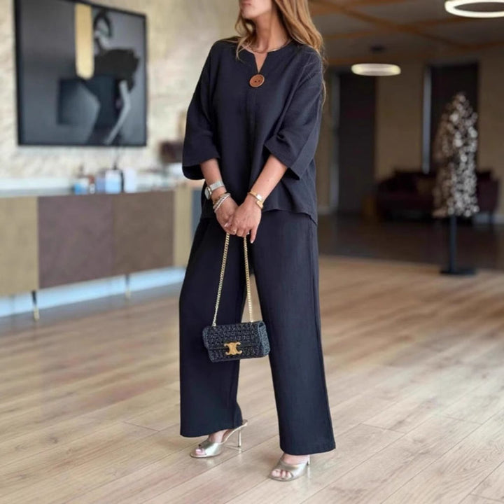 Damen Leinen-Tunika Palazzo-Hosen Set Lässiges Zweiteiler-Outfit