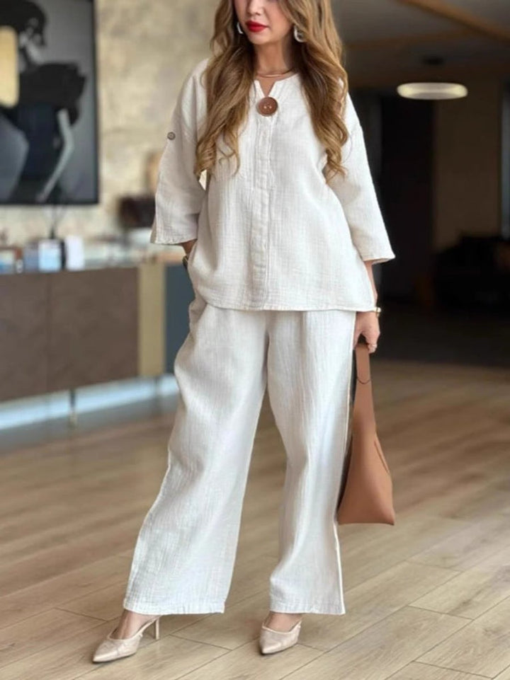 Damen Leinen-Tunika Palazzo-Hosen Set Lässiges Zweiteiler-Outfit - Weiß