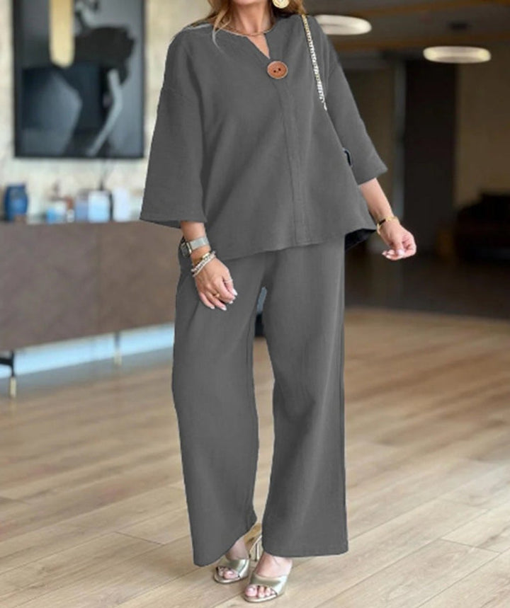 Damen Leinen-Tunika Palazzo-Hosen Set Lässiges Zweiteiler-Outfit - Grau