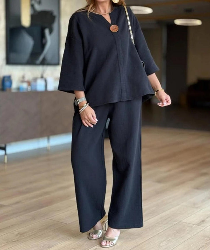 Damen Leinen-Tunika Palazzo-Hosen Set Lässiges Zweiteiler-Outfit - Schwarz