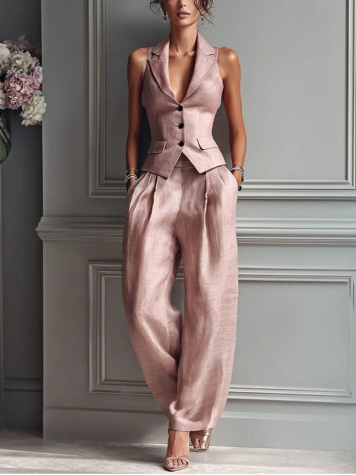 Damen Leinen Weste Wide-Leg Hosen Set