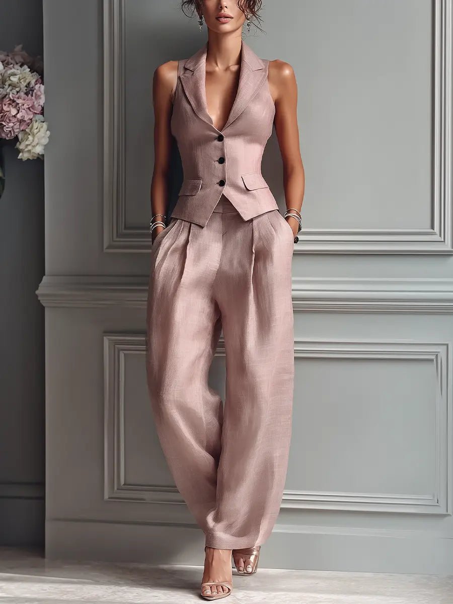 Damen Leinen Weste Wide-Leg Hosen Set - Blush Pink