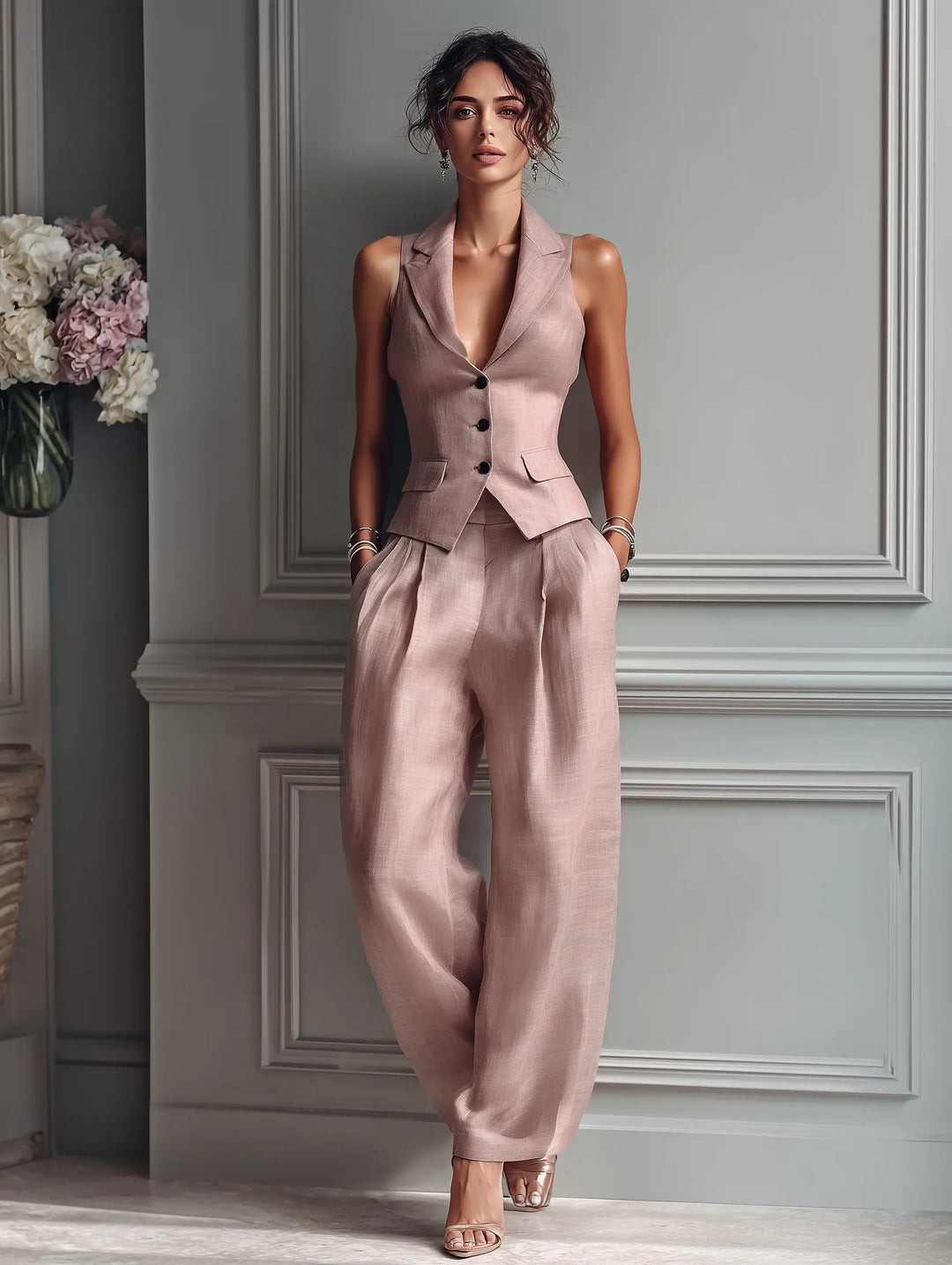 Damen Leinen Weste Wide-Leg Hosen Set