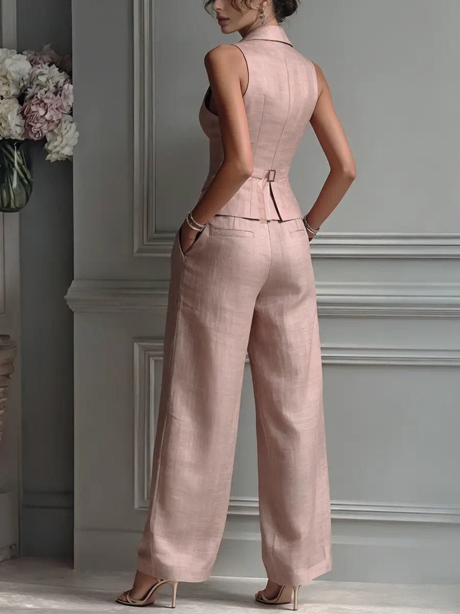 Damen Leinen Weste Wide-Leg Hosen Set