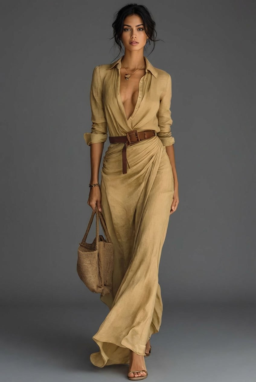 Damen Leinen Wickel Langarm Maxi Kleid - Khaki