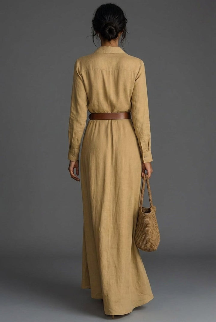 Damen Leinen Wickel Langarm Maxi Kleid