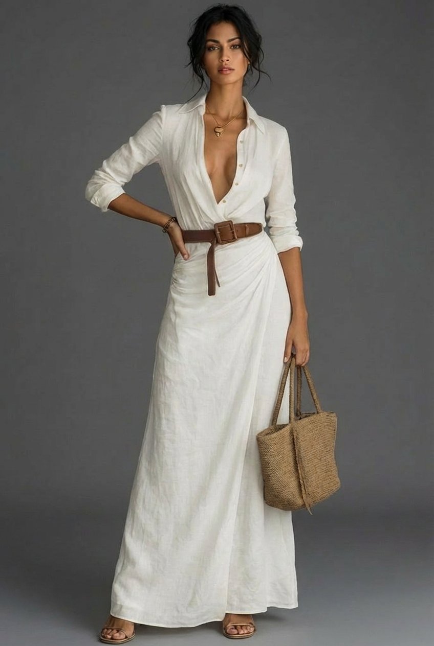 Damen Leinen Wickel Langarm Maxi Kleid - White