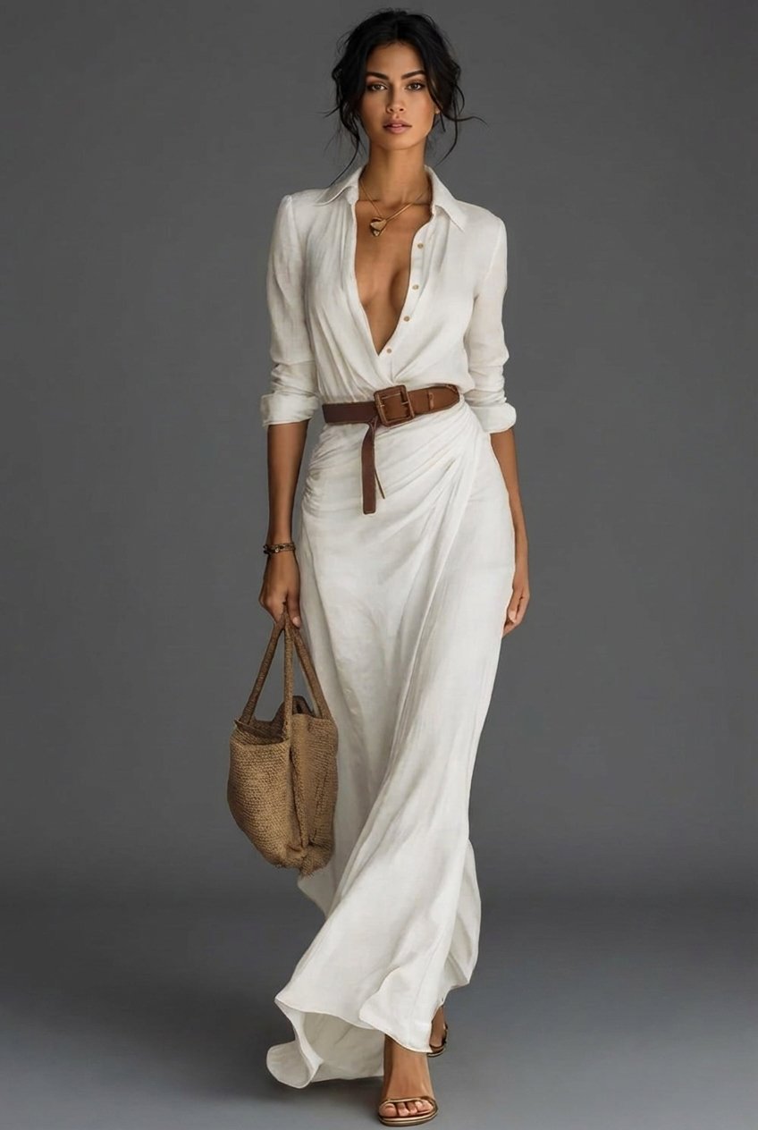 Damen Leinen Wickel Langarm Maxi Kleid
