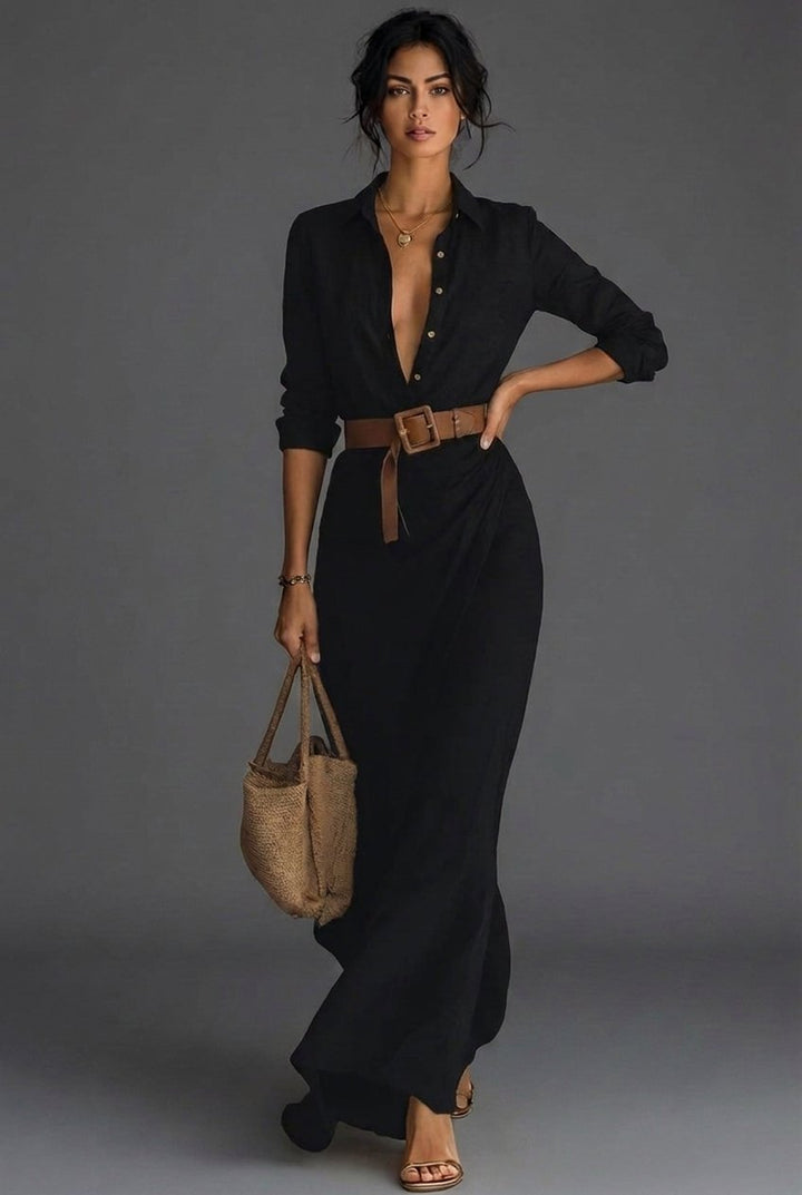 Damen Leinen Wickel Langarm Maxi Kleid - Black
