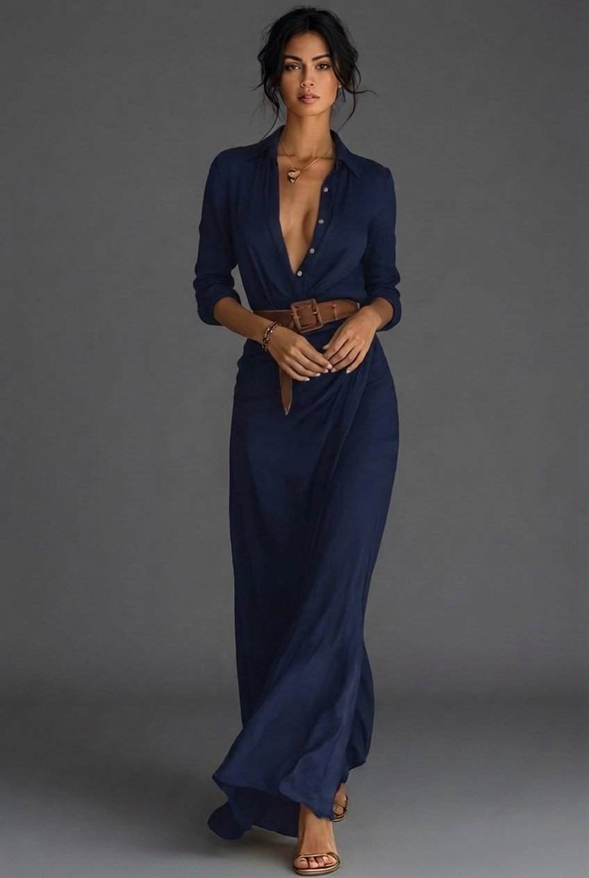 Damen Leinen Wickel Langarm Maxi Kleid - Navy Blue