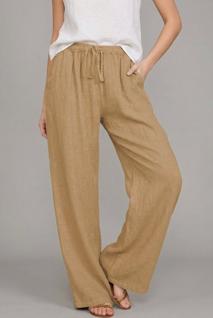 Damen Leinen Wide Leg Pants mit elastischem Kordelzugbund - Khaki