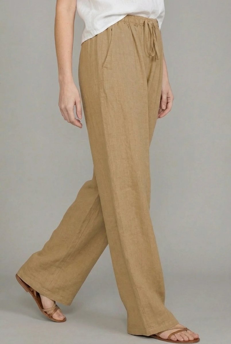 Damen Leinen Wide Leg Pants mit elastischem Kordelzugbund