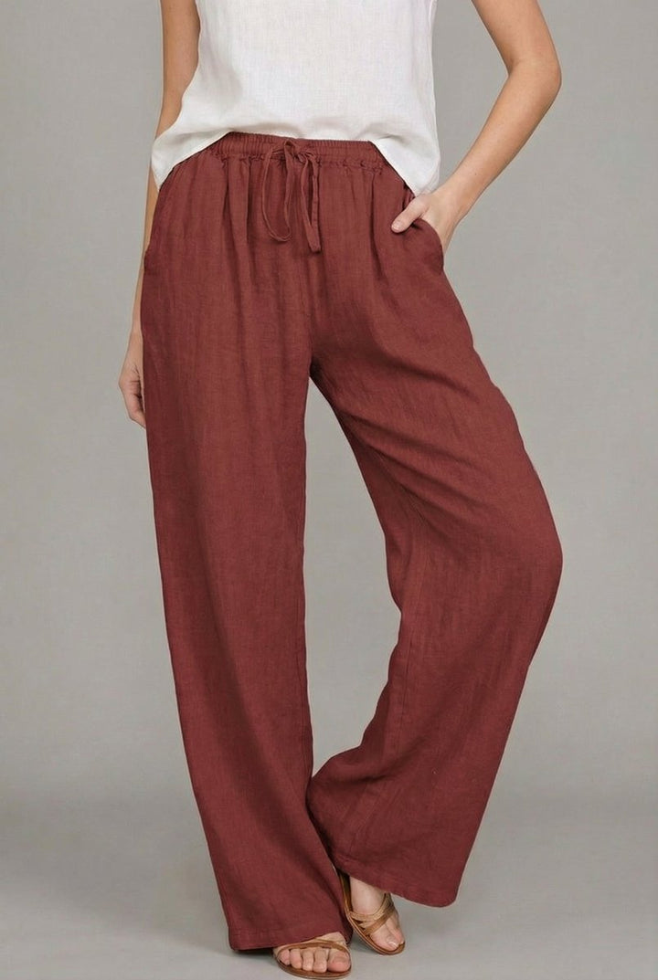 Damen Leinen Wide Leg Pants mit elastischem Kordelzugbund - Wine Red