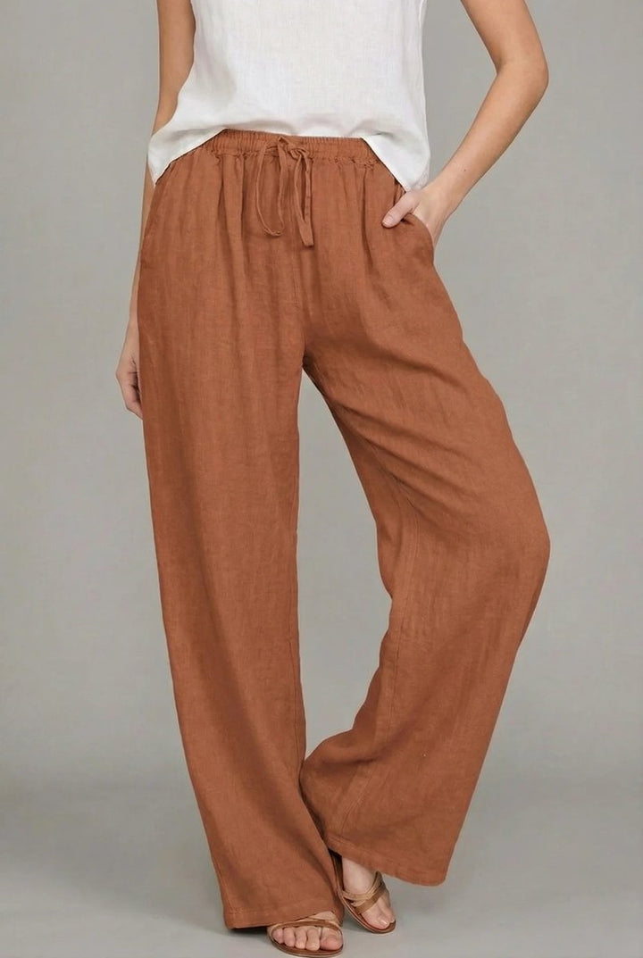 Damen Leinen Wide Leg Pants mit elastischem Kordelzugbund - Orange