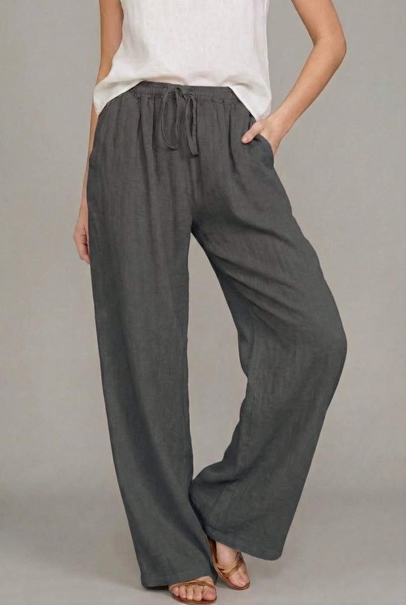 Damen Leinen Wide Leg Pants mit elastischem Kordelzugbund - Dark gray