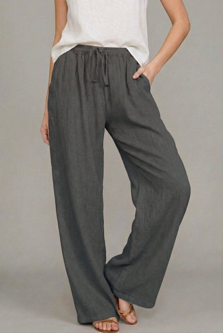 Damen Leinen Wide Leg Pants mit elastischem Kordelzugbund - Dark gray