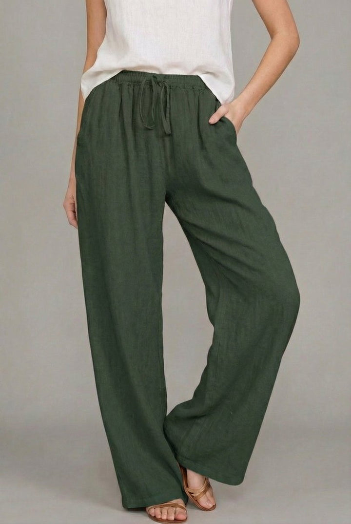 Damen Leinen Wide Leg Pants mit elastischem Kordelzugbund - Green