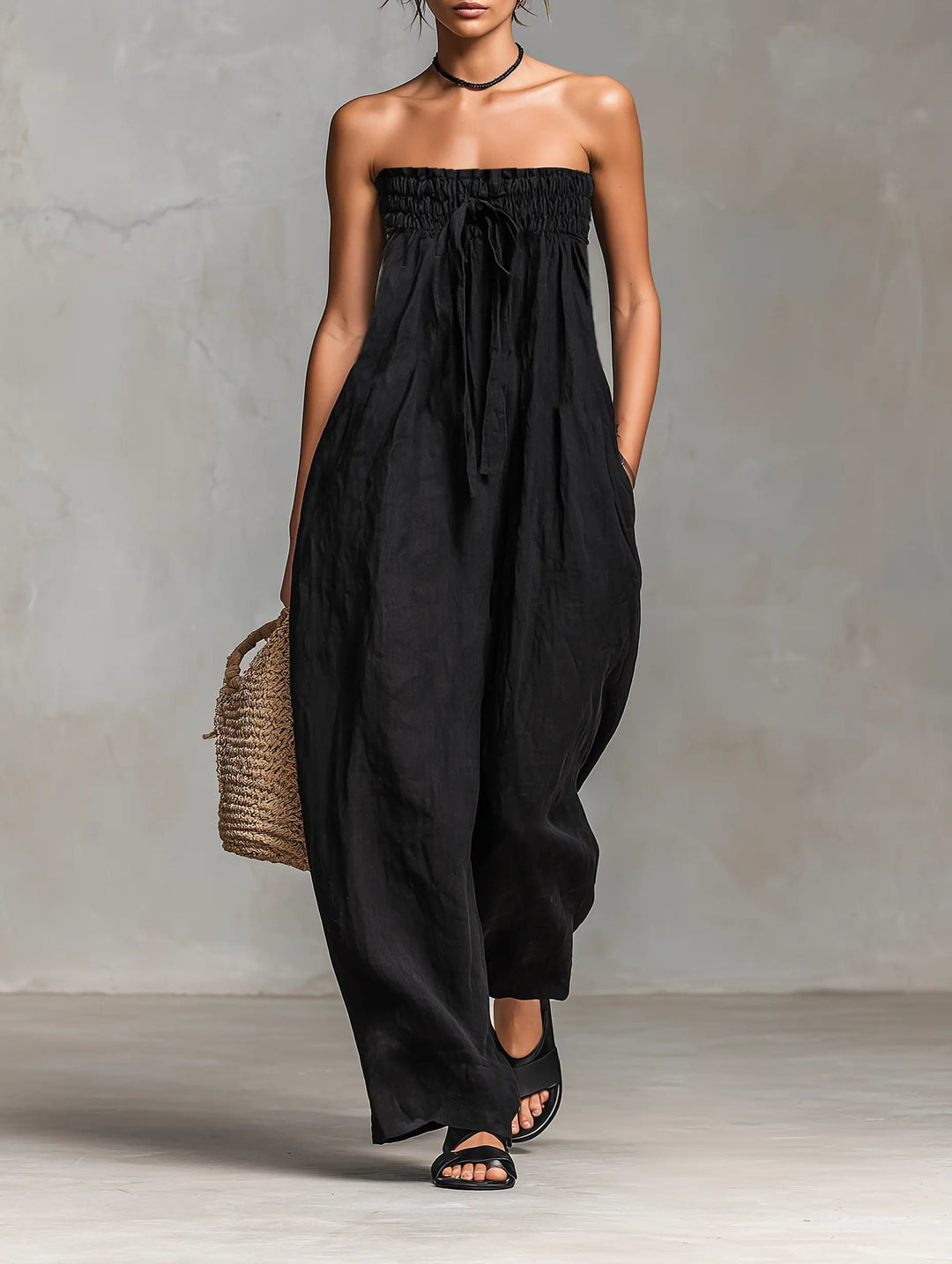 Damen Leinen Wide-Leg Trägerloser Jumpsuit mit Bindeverschluss - Black