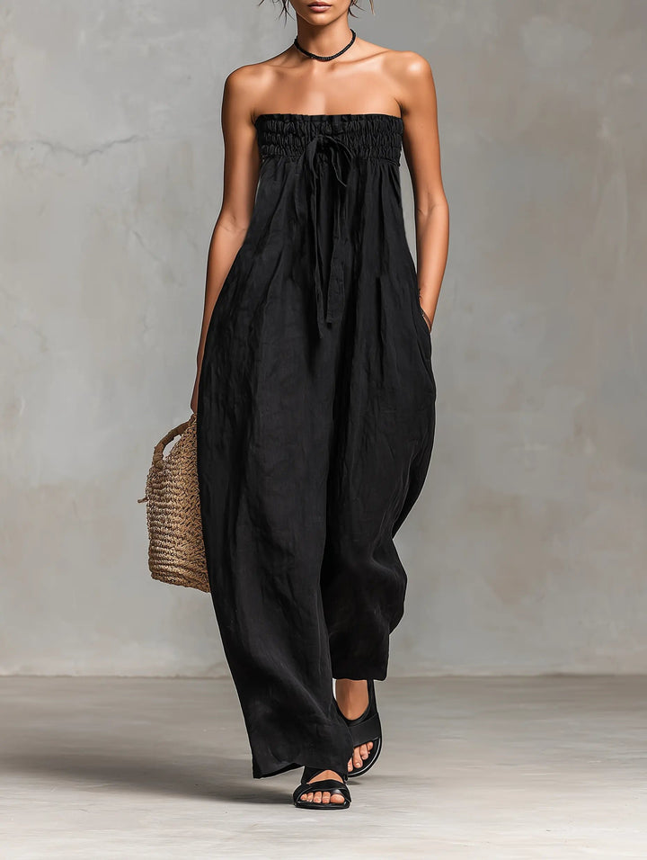 Damen Leinen Wide-Leg Trägerloser Jumpsuit mit Bindeverschluss - Black