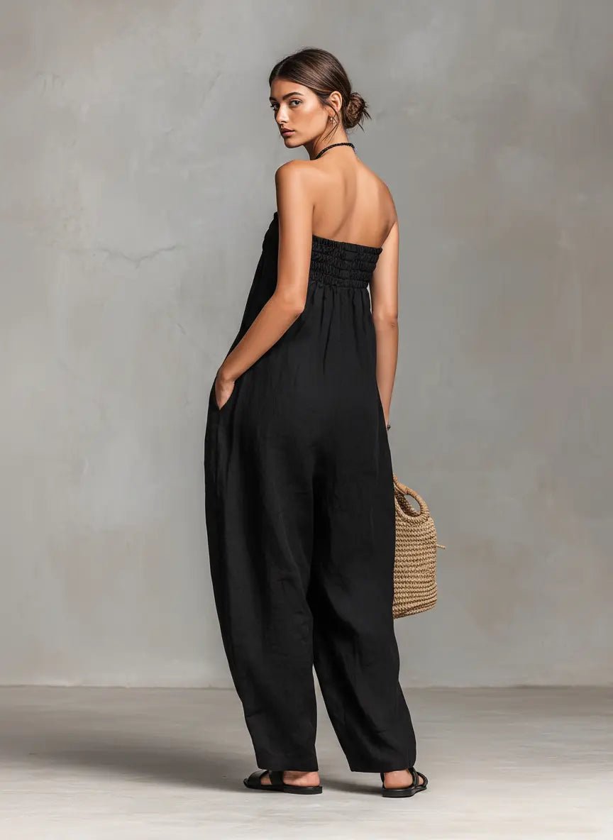 Damen Leinen Wide-Leg Trägerloser Jumpsuit mit Bindeverschluss