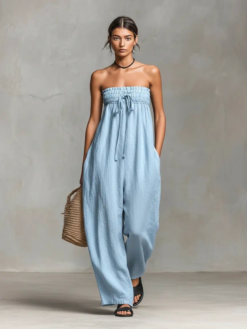 Damen Leinen Wide-Leg Trägerloser Jumpsuit mit Bindeverschluss - Light Blue