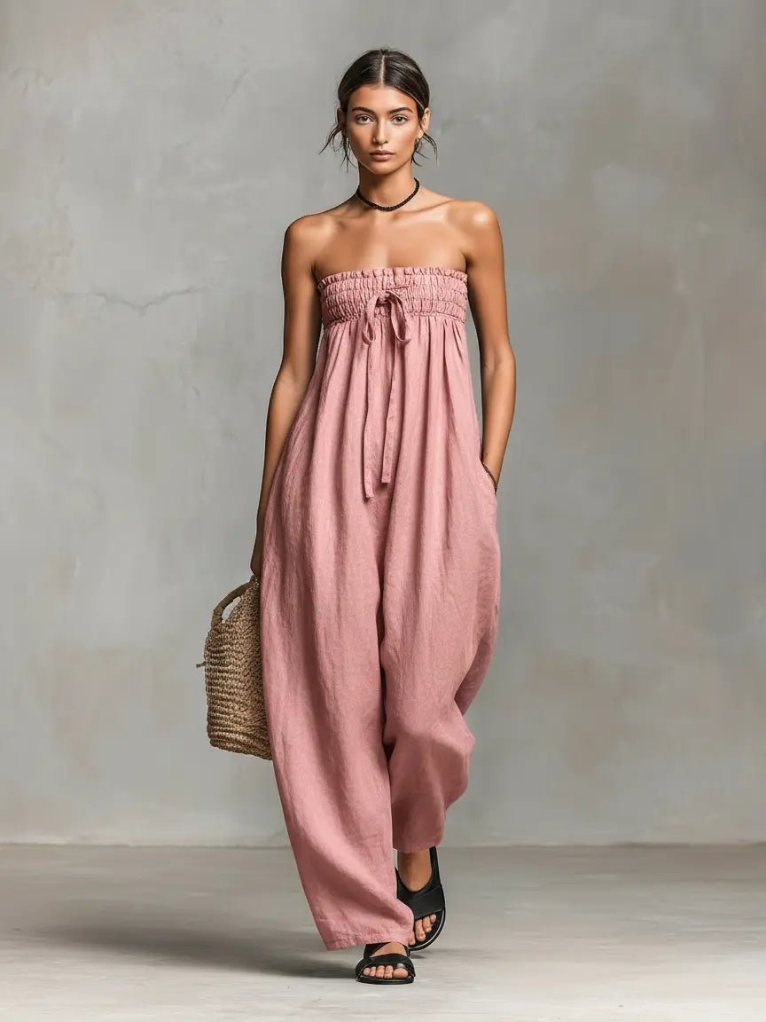 Damen Leinen Wide-Leg Trägerloser Jumpsuit mit Bindeverschluss - Light Pink