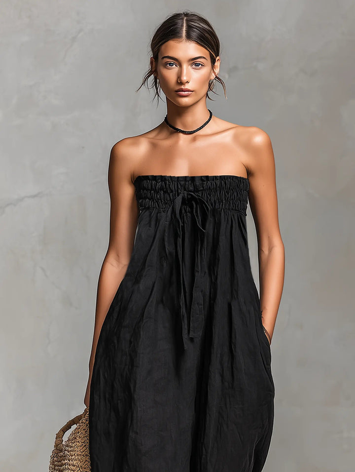 Damen Leinen Wide-Leg Trägerloser Jumpsuit mit Bindeverschluss