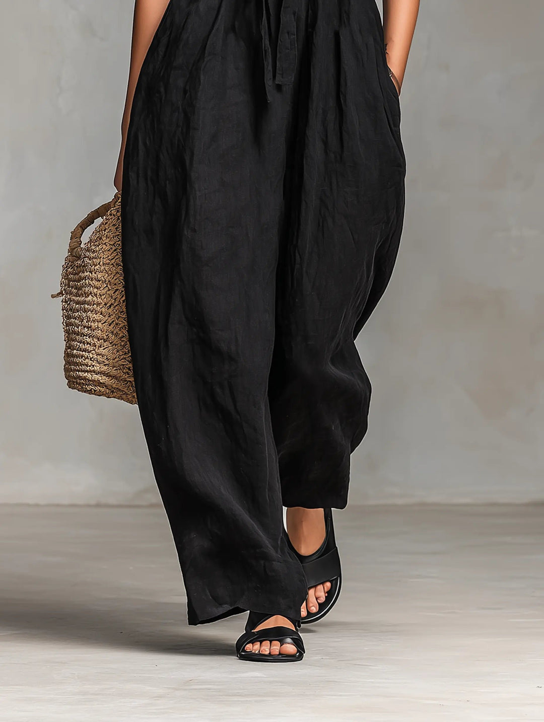 Damen Leinen Wide-Leg Trägerloser Jumpsuit mit Bindeverschluss