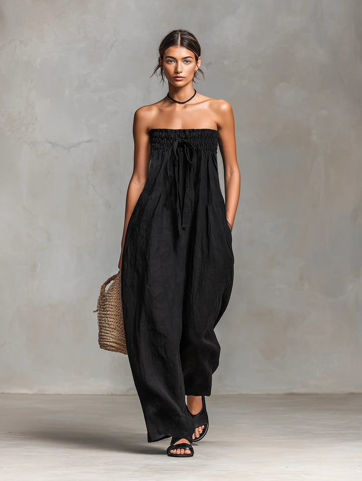 Damen Leinen Wide-Leg Trägerloser Jumpsuit mit Bindeverschluss