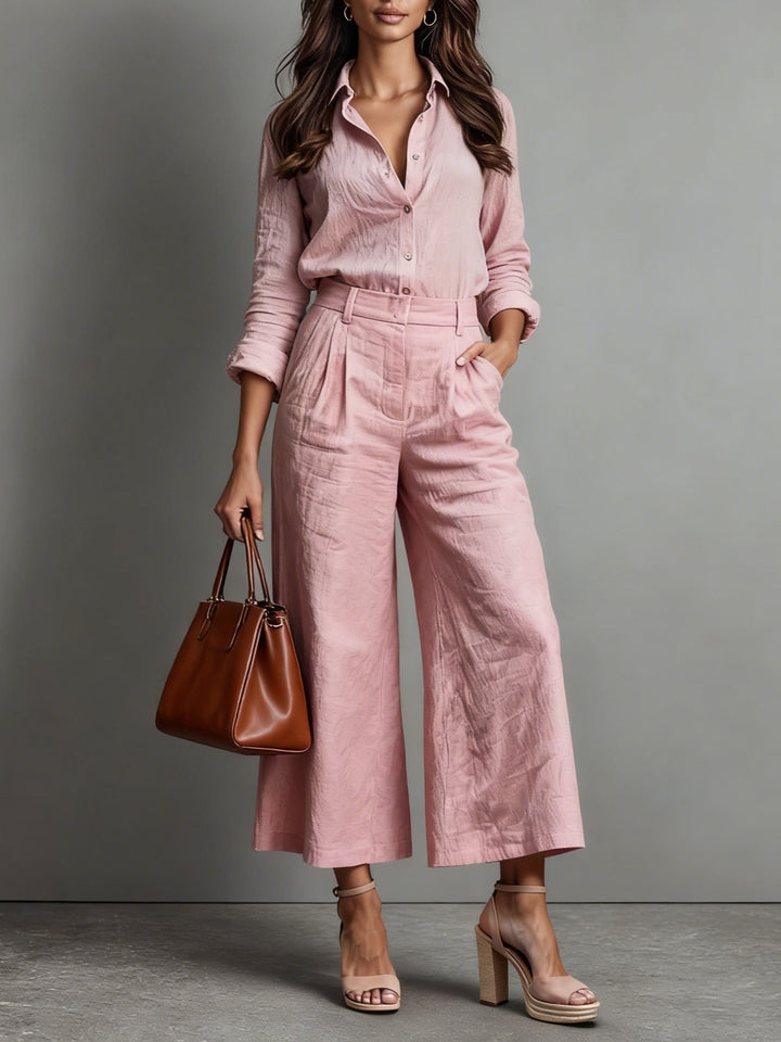 Damen Leinen Zweiteiler High-Waist Wide-Leg Hose Hemdbluse - Pink