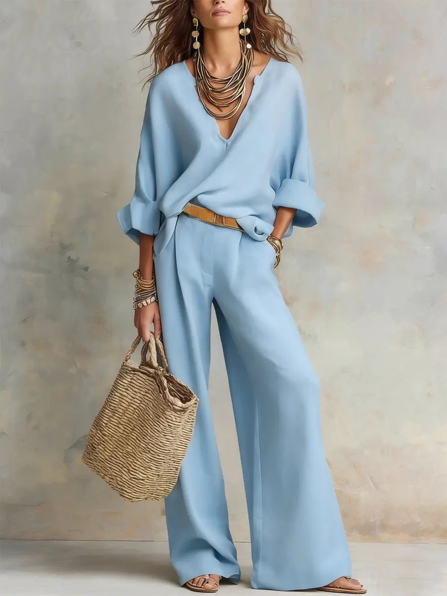 Damen Leinen Zweiteiler Set Locker Sitzend Urlaubsoutfit - Blue