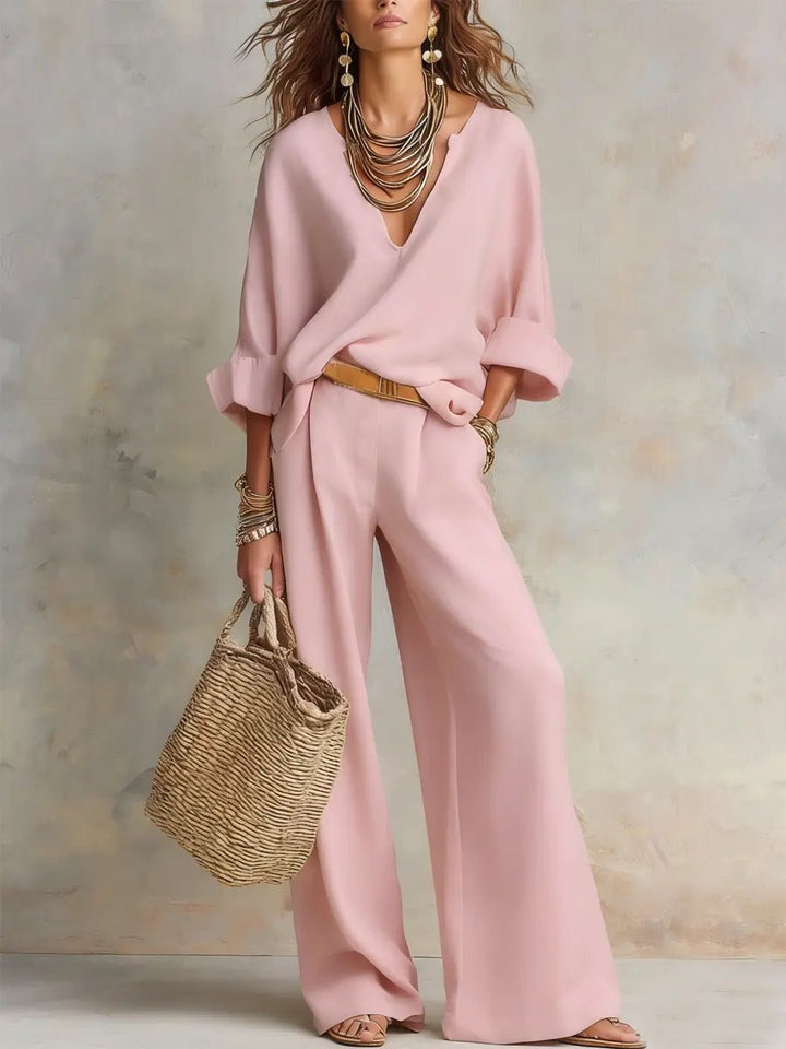 Damen Leinen Zweiteiler Set Locker Sitzend Urlaubsoutfit - Pink