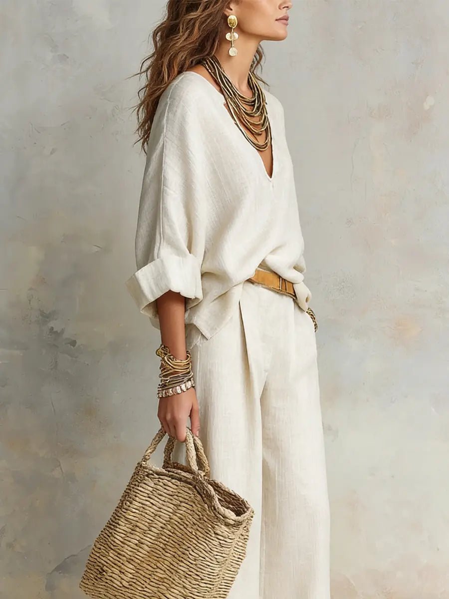 Damen Leinen Zweiteiler Set Locker Sitzend Urlaubsoutfit