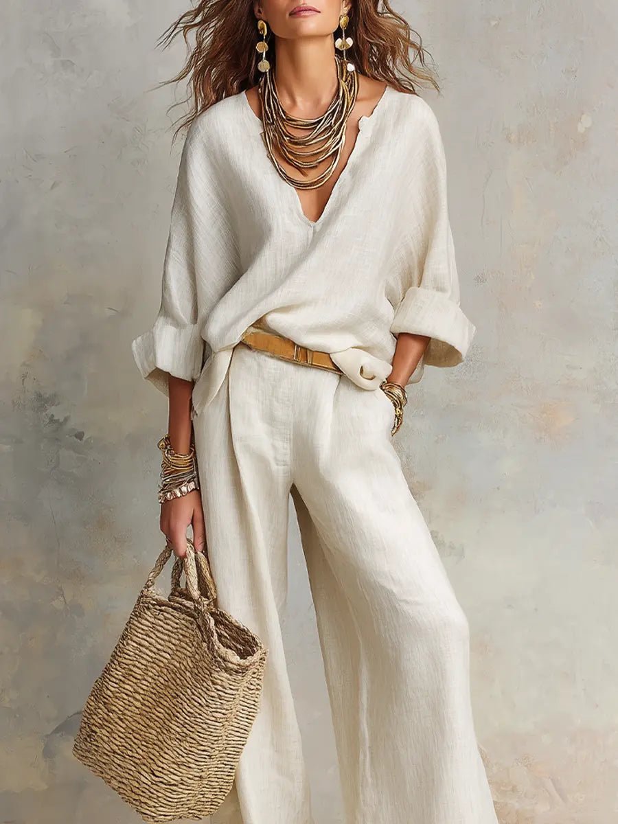 Damen Leinen Zweiteiler Set Locker Sitzend Urlaubsoutfit
