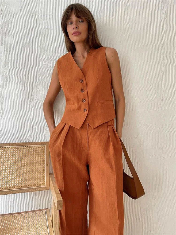 Annika Linen Vest and Pleated Wide-Leg Pants Set