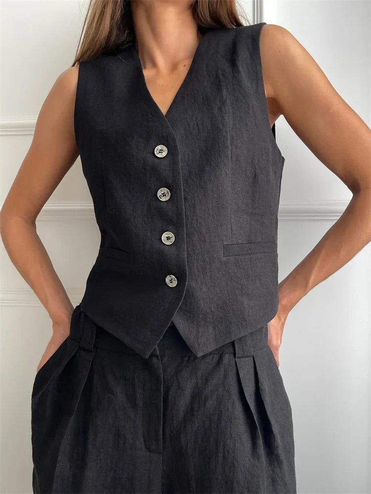 Damen Leinen Zweiteiler Westen-Set mit weiten Plissee-Hosen - Black