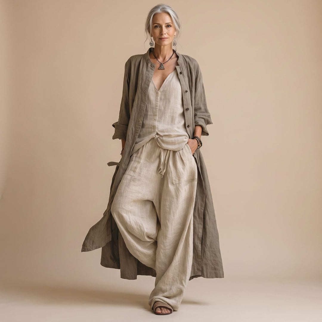 Damen Leinenoptik Soft Suit Dreiteiliges Set mit langem Mantel - Sand