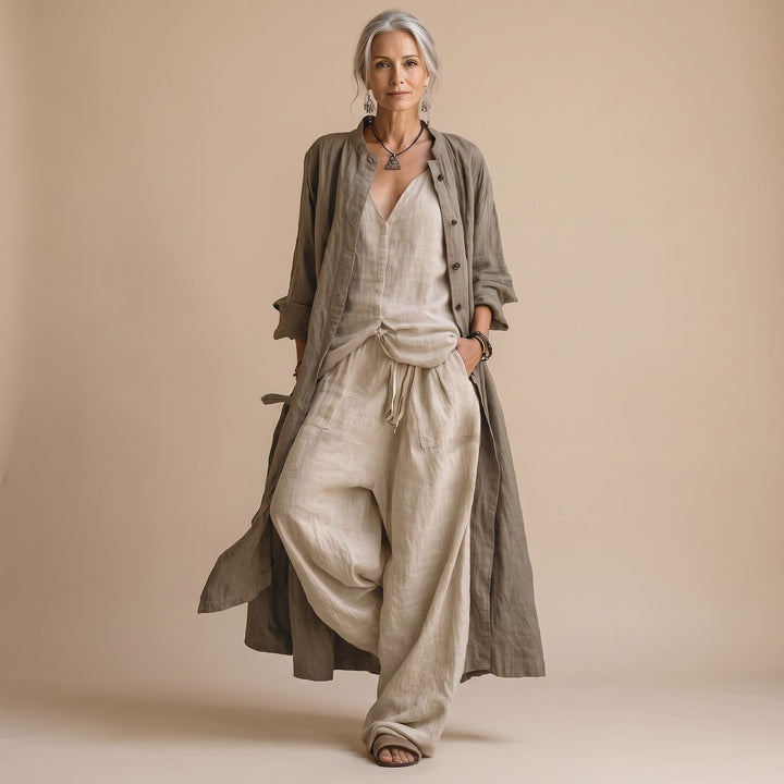 Damen Leinenoptik Soft Suit Dreiteiliges Set mit langem Mantel - Sand