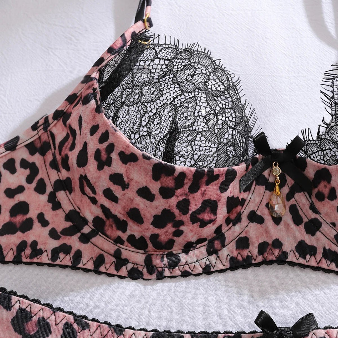 Damen Leopardenmuster Spitzen-BH Strumpfgürtel Set