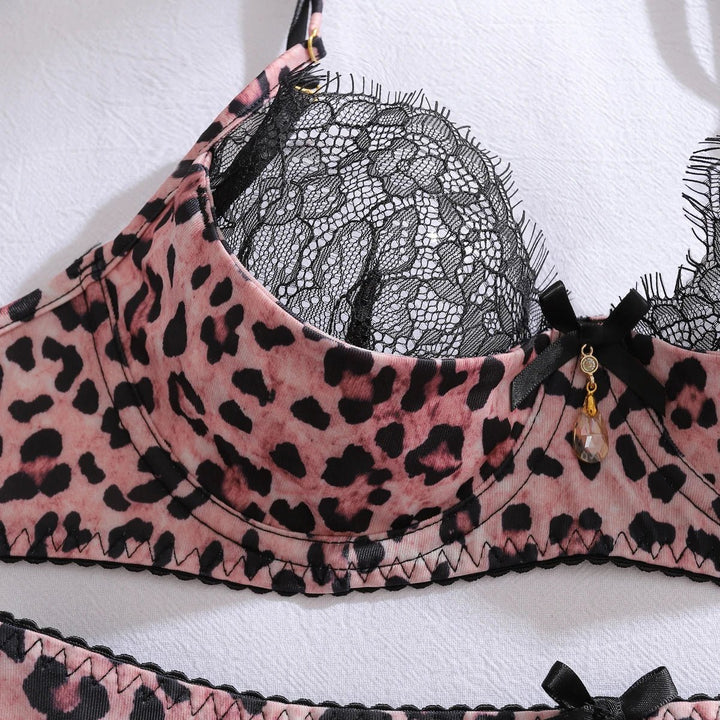 Damen Leopardenmuster Spitzen-BH Strumpfgürtel Set