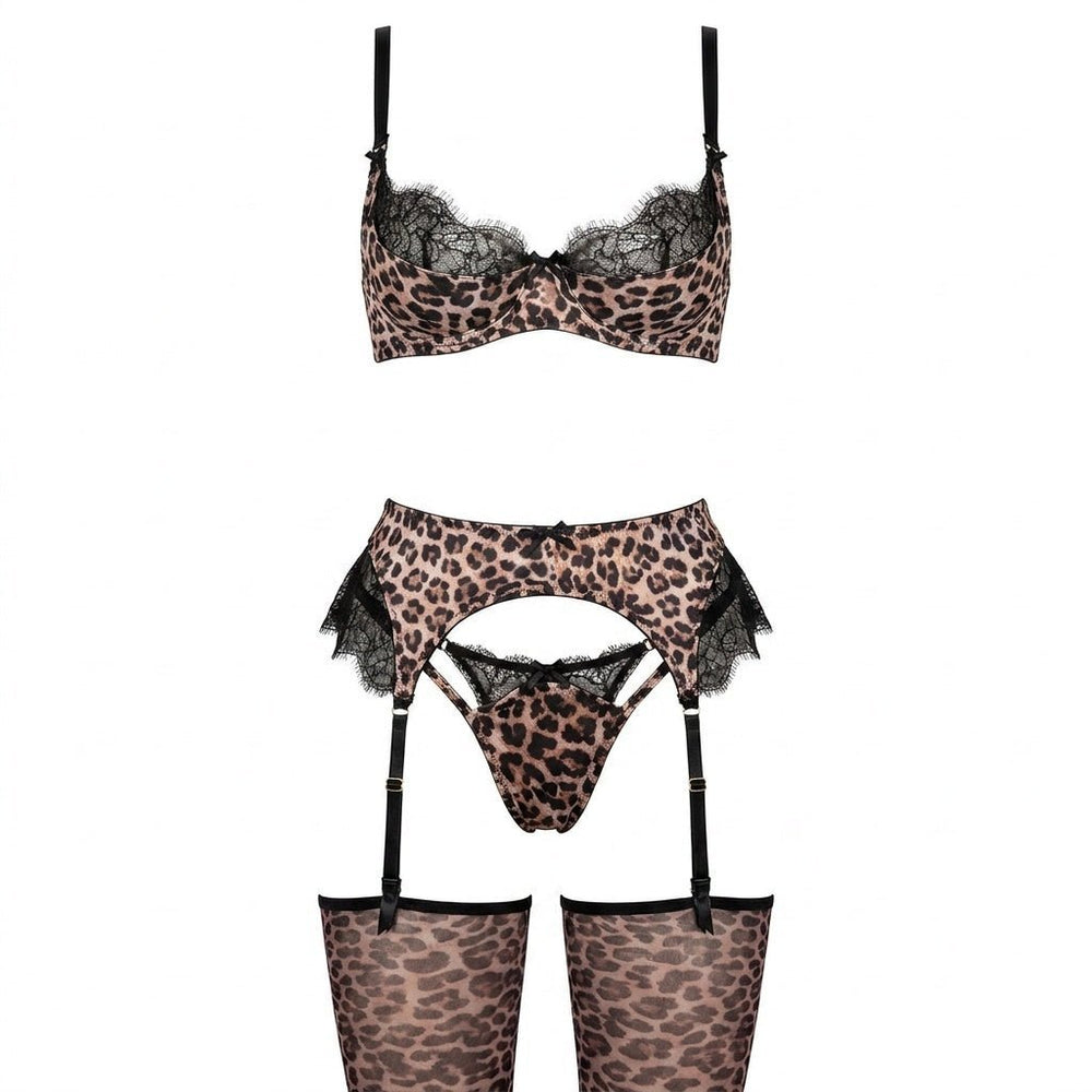 Damen Leopardenmuster Spitzen-BH Strumpfgürtel Set - Leopard