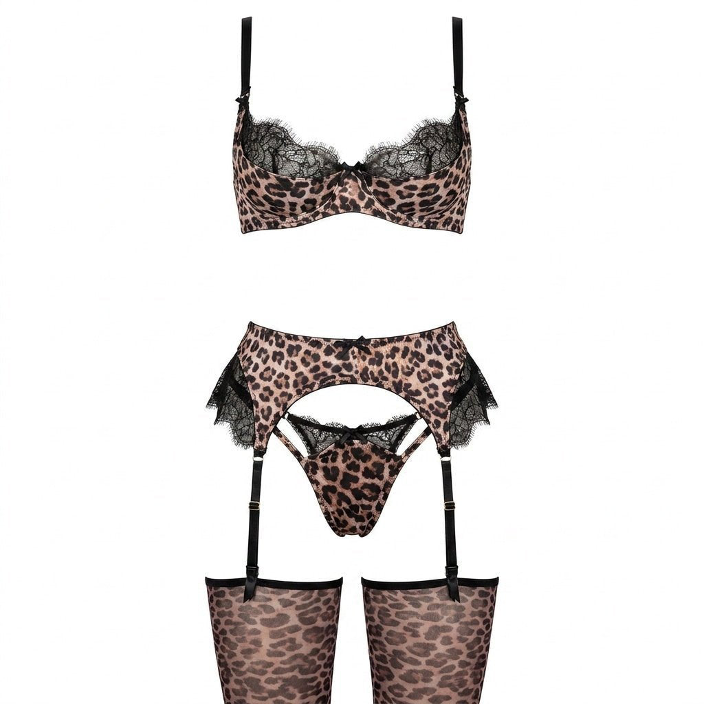 Damen Leopardenmuster Spitzen-BH Strumpfgürtel Set - Leopard