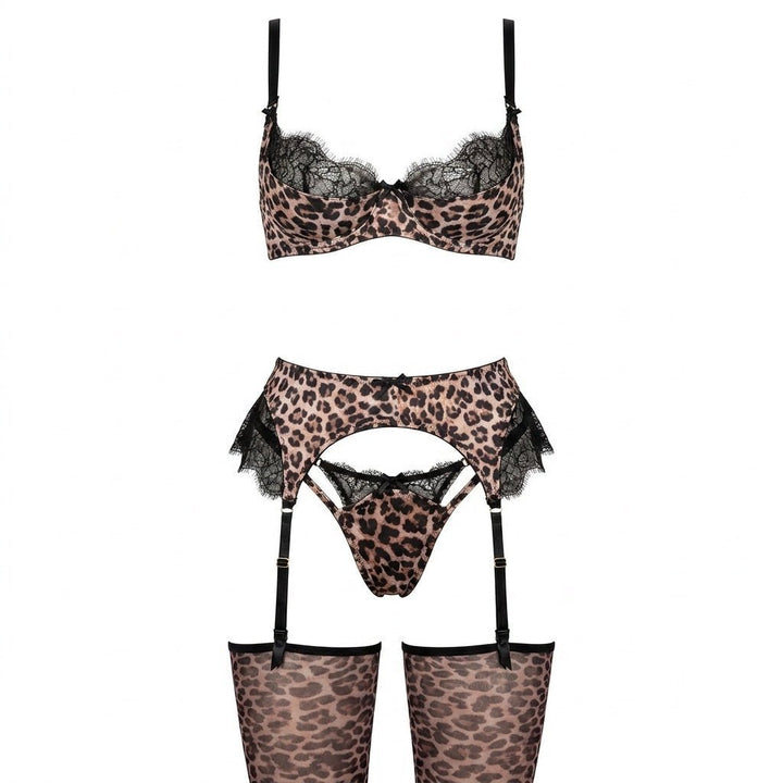 Damen Leopardenmuster Spitzen-BH Strumpfgürtel Set - Leopard