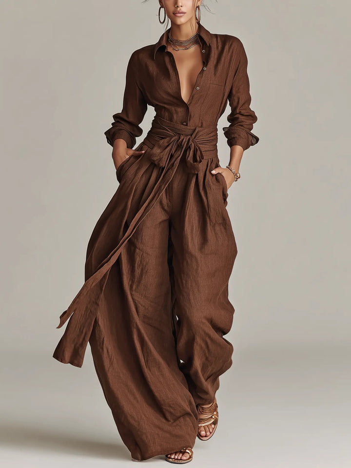 Damen Linen Langarm Hemdkragen Gürtel Jumpsuit - Brown